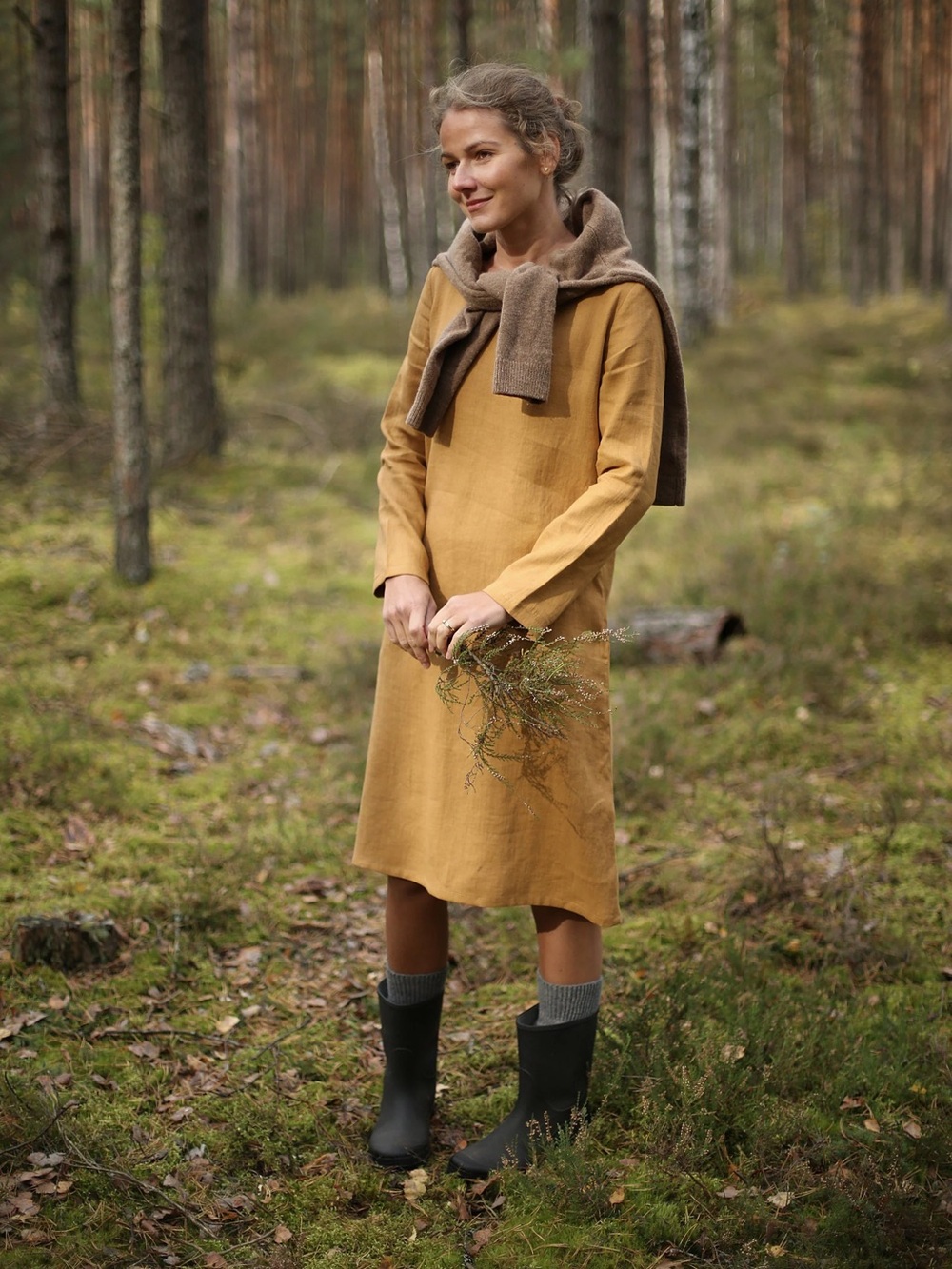 Women's  Linen Sea Long-Sleeve Linen Dress